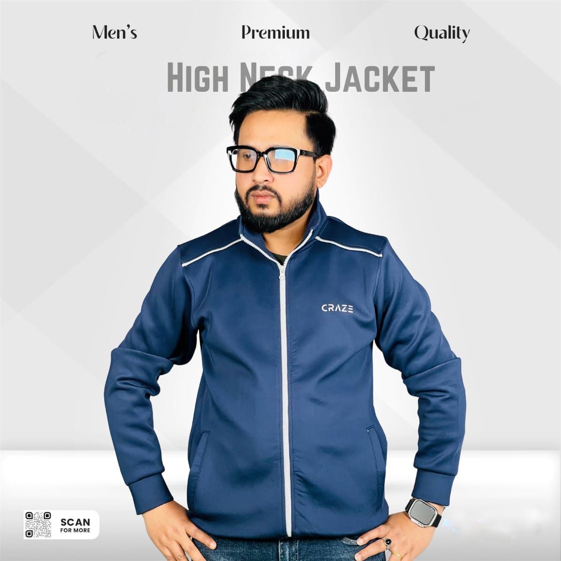 Premium High Neck Jacket-Navy Blue